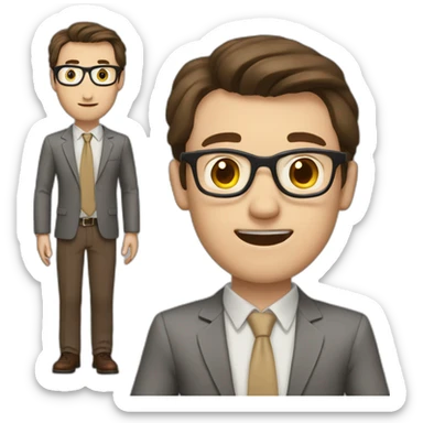 To belt Actively gesturing with hands Pale skinned fit man teacher with dark brown hair in gray jacket, beige office shirt, brown tie, brown pants and vintage glasses. sticker