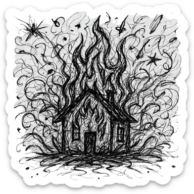 a house on fire, black color, chaotic doodle style sticker