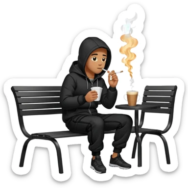 A man sitting on a chair, wearing a black puffed coat with hood and jogging pants, he is smoking a cigaret and drinks a coffee, he is freezing outsider, he is on a chair, the chair is an outside coffe terrasse black metal chair sticker