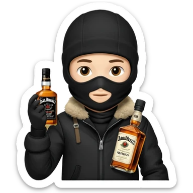 Junge mit Sturmhaube in der Rechten hand eine jacky flasche und schwarze winterjacke mit fell an der mütze 2 meter gross sticker