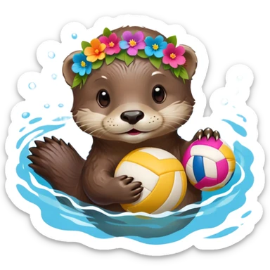 super cute baby otter with a colorful flower crown ring around its head, gentle expression, FLOATING ON EXTREMELY OBVIOUS BRIGHT BLUE WATER with exaggerated large waves, splashes and ripples surrounding the otter, baby otter holding a volleyball with both paws above the very prominent water sticker