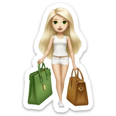 Blonde skinny girl with green eyes and pale skin with white pomeranian and Hermes birkin bag sticker