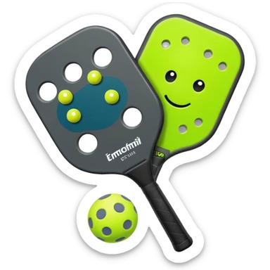 Modern Pickleball paddle, dark grey. Pickleball ball beside or on top the paddle florescent green at 45 degrees sticker