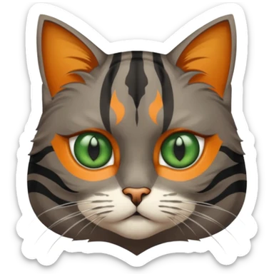 A grey tabby cat with dark grey stripes and green eyes sitting next to a calico cat with orange eyes, calico cat has dark fur around her eye almost like a Batman mask sticker