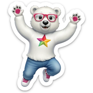 friendly anthropomorphised polar bear leaping with excitement, wearing a shirt, jeans, trainers, oversized colorful star glasses sticker