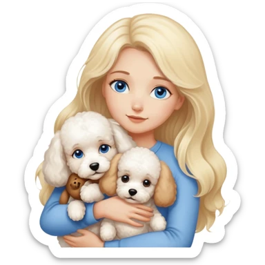 Blonde blue-eyed long-haired mother hugs two dogs, a Bichon Frise and a Teddy sticker
