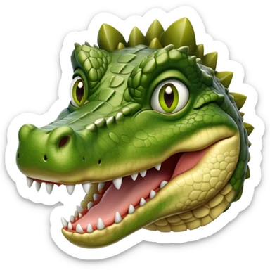 Cinematic Realistic Noble Crocodile Portrait Emoji, Poised and formidable, with a massive, muscular build and a rugged, intricately textured scaly hide in deep olive-green with natural camouflaged patterns, a powerful, fearsome jaw and piercing, ancient eyes rendered in lifelike detail, high shine, intelligent and imposing, styled with an air of primal authority, focused and attentive, soft glowing outline, capturing the essence of a watchful and confident crocodile that appears ready to surge out of the screen with effortless power! sticker