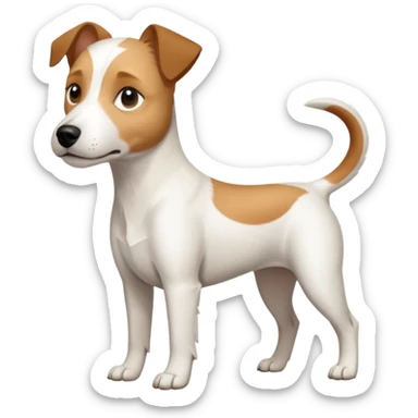 a full body slightly chubby white parson russell terrier looking dog the size of a kelpie with light brown long ears and a light brown patch on one eye and a large snout. the rest of the dog is completely white. forward facing sticker