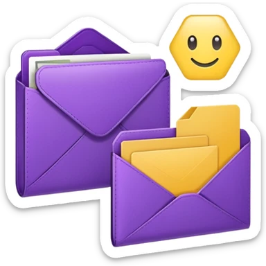 simple, minimalistic yellow (hex#FFD008) and purple (hex#8C52FF) icons of a pin, a working case, a folder, a magnifier, an email, an envelope sticker