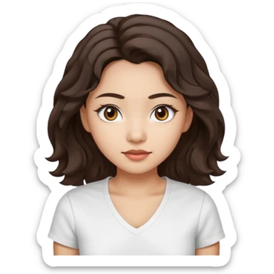 iOS style emoji. A girl with very long dark brown wavy hair. And the eyes color is dark brown. And she is wearing white t shirt with V kneck. And she is 30. She is Asian with double eyelids  sticker
