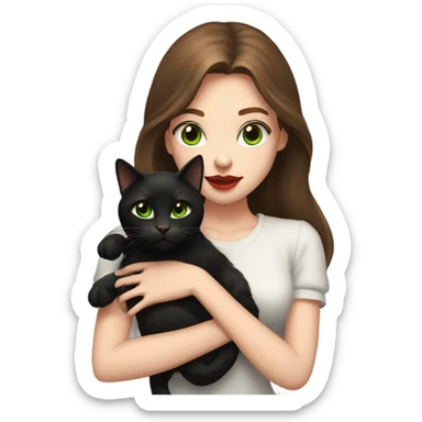 A teenage girl with white skin, green eyes, red lipstick, mid long brown hair, holding a black cat in her arms, view from close sticker