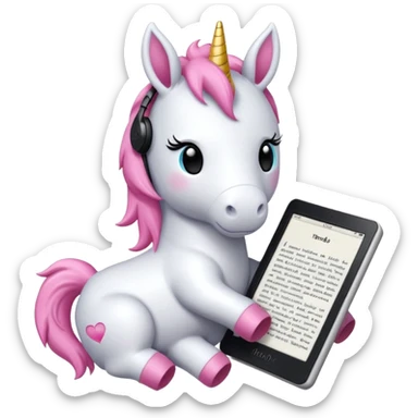 Unicorno peluche bianco con corno rosa brillantato con sulla testa un paio di cuffie e un Amazon Kindle in mano sticker