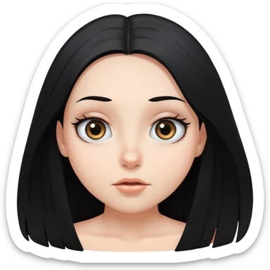 White girl face closeup with huge round eyes, long straight black hair falling in front of her bare shoulders, face closeup sticker
