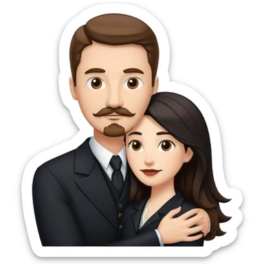 tall white man with brown hair goatee mustache hugging a pale woman with long black hair, wearing formal clothing sticker