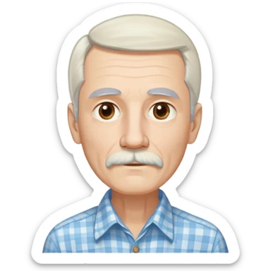 Skinny man in his 70s with fair skin. Long narrow face. Gentle light brown eyes. Fine straight white hair with light bangs, hair length extends below the ears. Thin eyebrows. White goatee connected to mustache. Slender appearance. Wearing a light blue and beige checkered button-up shirt. sticker