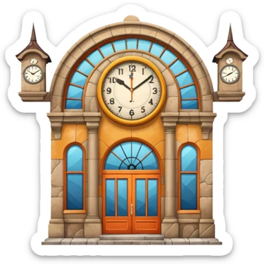 train station facade with clock and tracks, vivid colors, no text sticker