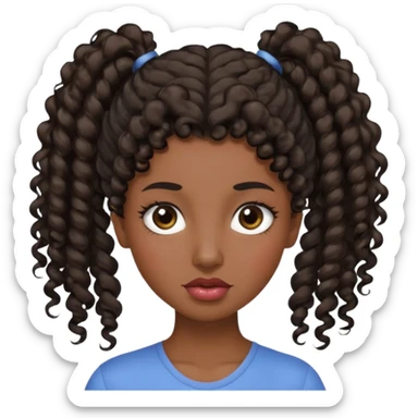 emoji sucking its lips in with one eyebrow up and the other one down dark skin and curly hair in one ponytail with eyelashes up to her hair sticker