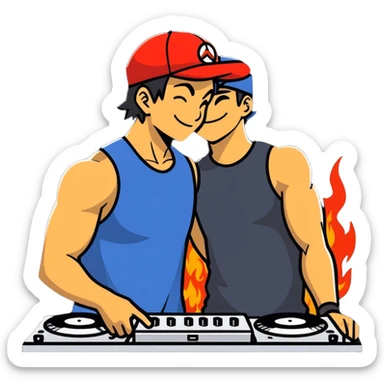 Hot handsomeb muscular 6ft tall smiling happy ash ketchum being a  dj and his music is on fire while kissing a friend sticker