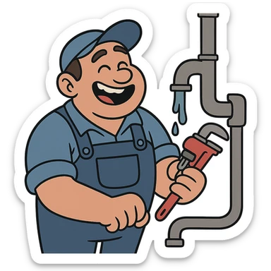 a plumber, wearing a cap, fixing a pipe, cheerful, minimal background sticker