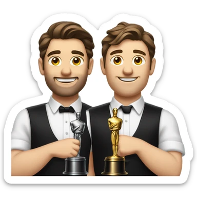 Two bar tenders Dressed in white shirts, black weats, black aprons and black ties receive an oscar. They are males with brown hair. sticker