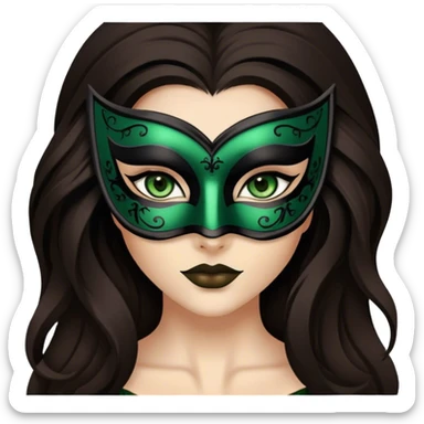 Greeneyed Woman hair with Long Dark brown hair wearing Black venetian mask sticker