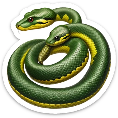 A photo-realistic top-down view of a Green Anaconda tightly coiled in a spiral, with its broad, flat head resting at the center. Its olive-green body is thick and muscular, patterned with symmetrical, bold black oval spots that flow along its smooth, glossy scales, that are camoflaged sticker