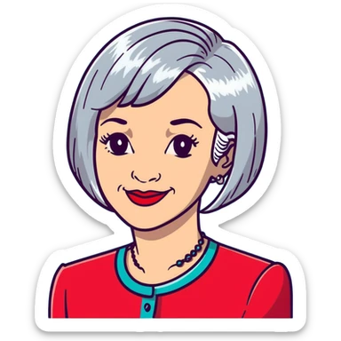 Elegant older woman with silver-gray bob haircut, light skin, almond eyes, red lipstick, red blouse, sophisticated warm smile sticker