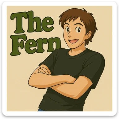 Make the brunette anime man look 20 years old with youthful facial features, still leaning to the side with arms crossed, in front of green bubble letters that say 'The Fern'. He should have a black t-shirt, no jacket, medium-length brown hair, and an expressive anime face. Keep the playful, bold vibe in Ghibli style. sticker