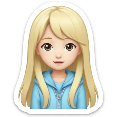 Cute kawaii emoji-style Japanese K-pop girl, blonde long hair , trendy K-pop outfit with Japanese cute fashion vibes, big sparkling eyes, chibi proportions, clean lineart, pastel colors, cheerful idol smile, sticker/emoji style, transparent background sticker