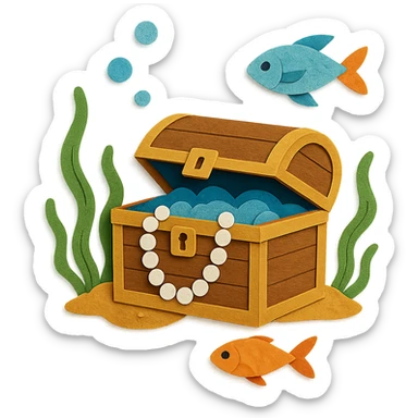 treasure chest underwater with pearls, seaweed, and fish, layered paper effect, paper-craft style sticker