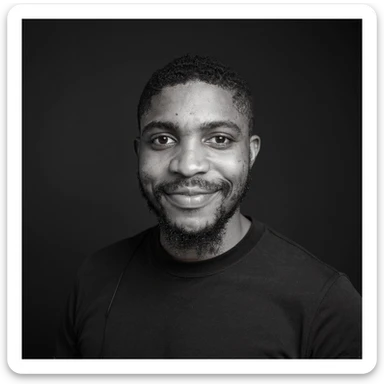 A professional portrait of me in monochrome. Plain black crew neck shirt. Tailored to LinkedIn. Tech boy vibe (programmer). I’m a black man from Nigeria. Retain facial features from attached image. sticker
