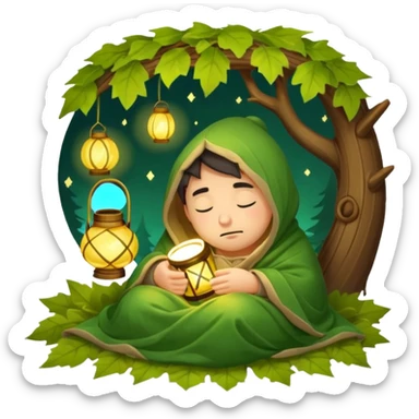 sleepy forest character wrapped in leaf blanket holding glowing lantern half asleep sticker
