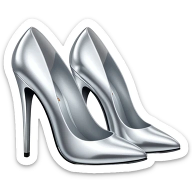 A pair of high heel shoes emoji made of polished silver chrome, elegant sharp silhouette, smooth metallic surface, glossy reflections, luxury sexy vibe, minimalistic iOS emoji style, centered, clean white background sticker