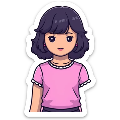 White girl with chest length black wavy hair with curtain bangs, gray eyes, wearing a pink top sticker