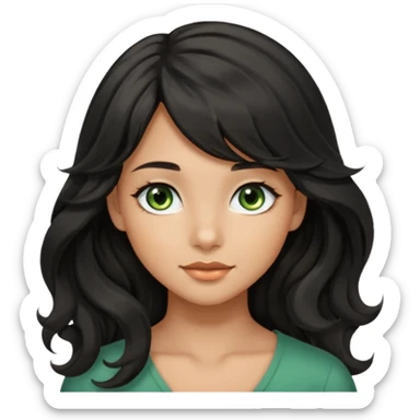beautiful girl with black wavy long hair and side-swept bangs, tan skin, and greenish-hazel eyes sticker