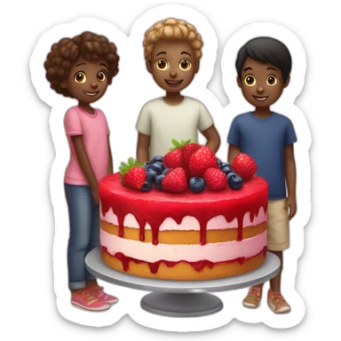 Three black children who eat a trawberry, raspberry and blueberry cake sticker