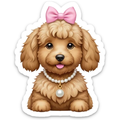 Golden doodle dog wearing layered pearl necklace with a small pink bow on each ear sticker