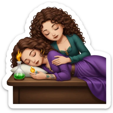 potion lab nap — long wavy brown hair tattooed woman and short tight curly brown hair woman — asleep at alchemy table sticker