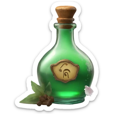 Mysterious Alchemical vintage glass potion bottle, exquisite bottle shape, old and shabby, with label, stylish and minimalistic, brown and shabby-green, oil potion is poured out of the bottle, herbal, flowers and oil is spilled next to it sticker