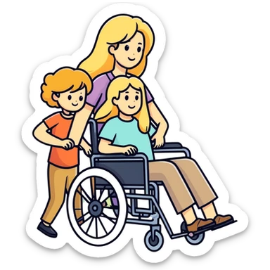 Wheelchair bearded mom being pushed by long haired blonde women sticker