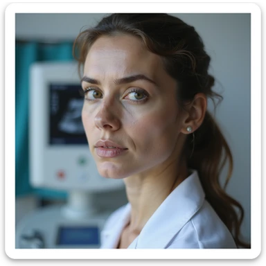 close-up of a woman with PCOS, serious expression, simple clinic clothing, clinical background with ultrasound machine in the background, hyperrealistic 4K details sticker