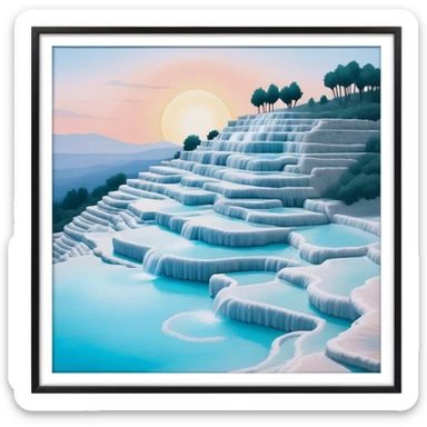 Cinematic Realistic Pamukkale Landmark Emoji, showcasing surreal cascading terraces of thermal waters rendered with ethereal textures and soft, luminous lighting. sticker