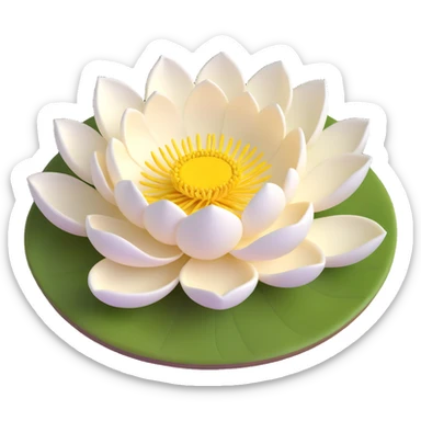 Realistic white lotus flower with detailed layered cream-white petals and bright yellow stamens, floating on accurate lotus pad with characteristic notch and bowl shape sticker