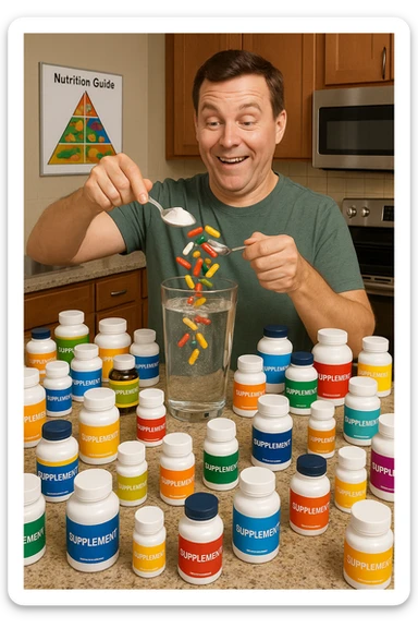 a man stands in his kitchen, enthusiastically pouring multiple supplement pills and powders into a large glass of water. The kitchen counter is cluttered with dozens of supplement bottles, and his expression is confident but slightly oblivious. In the background, a nutrition guide or food pyramid is ignored, highlighting his focus on supplements over balanced nutrition. sticker