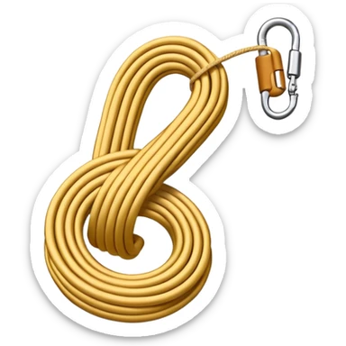 A 3D cartoon coiled climbing rope with a carabiner, golden color, resting on a rocky surface, realistic soft shadows, Memoji-style rendering. sticker