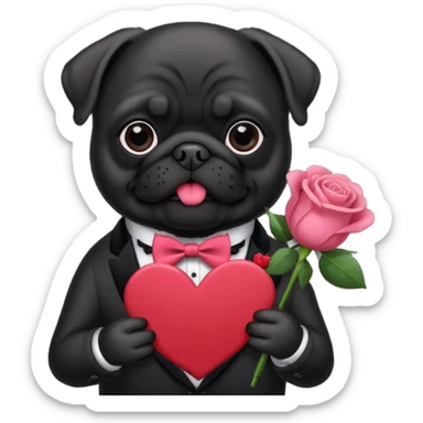 black pug holding valentine’s day card and flowers sticker