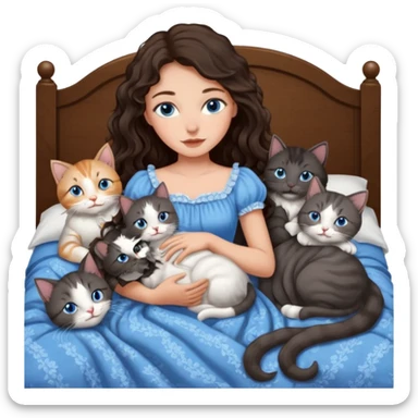 detailed realistic looking a dark grey and white cat regally laying with six other cats, cuddling with their owner in bed who is a pretty bratz lightly tanned white girl with long dark brown hair, blue eyes and gorgeous long wavy hair wearing a pretty detailed dress sticker