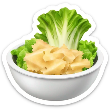 a bowl with lettuce, chicken and parmesan sticker