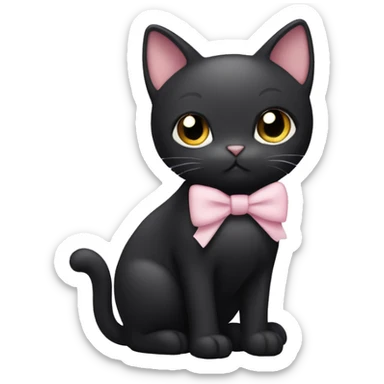 A black cat with a white chest with a  light pink bow on its right ear sticker