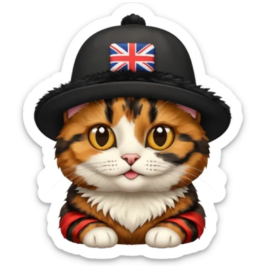 tortoiseshell cat with a british hat. mostly black and brown. NO WHITE sticker